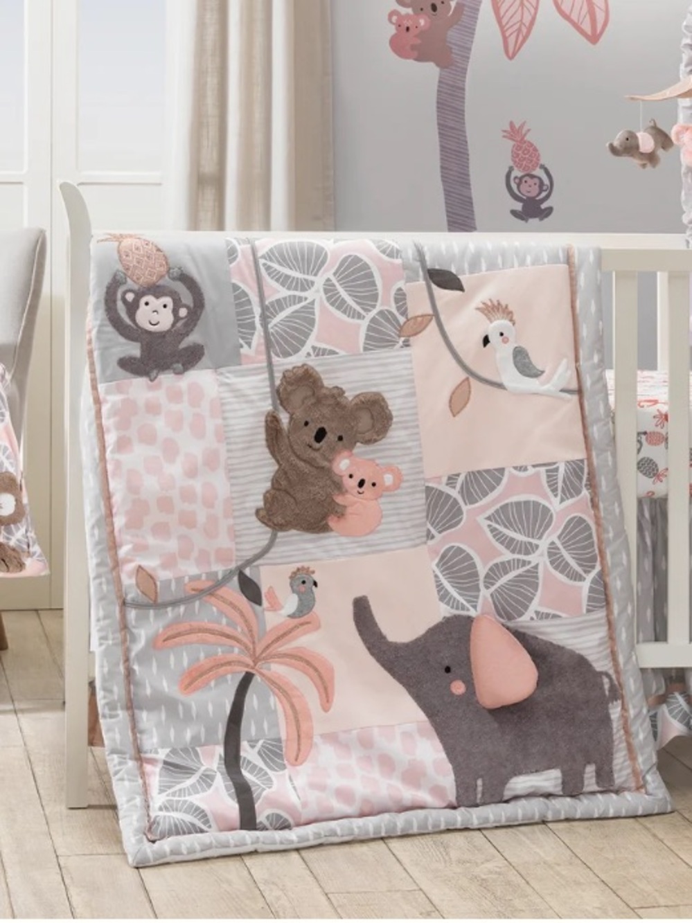 Lambs & Ivy Cotton Baby Quilt Koala Elephant Jungle Theme Pink Gray